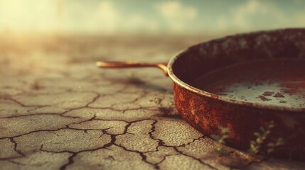 Rusty old pan with heavily corroded surface on dry cracked earth