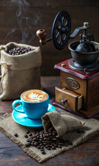 Vintage Coffee Grinder with Fresh Coffee Beans and Blue Cup of Coffee