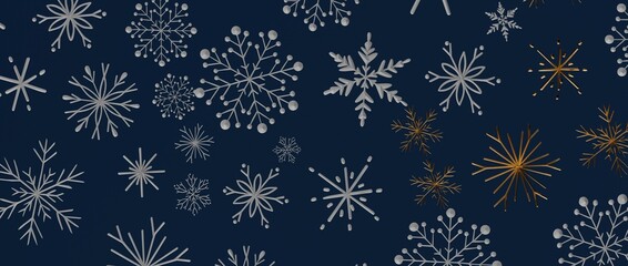 Elegant winter background featuring gold and silver snowflakes on a deep blue backdrop, perfect for holiday an