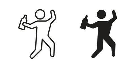 Drunk human icons. Solid black silhouette and line art outline. Minimal design element,