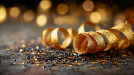 A gold roll of paper is on a black background