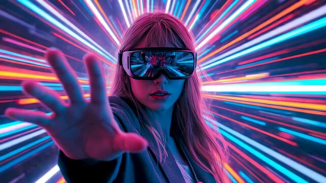 Person wearing futuristic visor reaching forward with colorful light streaks radiating behind
