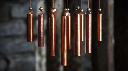 Hanging metal tubes create sounds and form an art piece in a dimly lit space with wooden walls and rustic elements