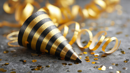 A gold and black striped party hat sits on a table covered in gold