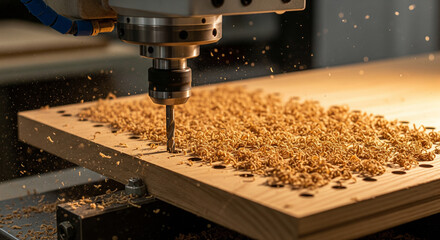 Drill bit rotating on wood panel surface to create holes with wood shavings scattered around during acoustic drilling process