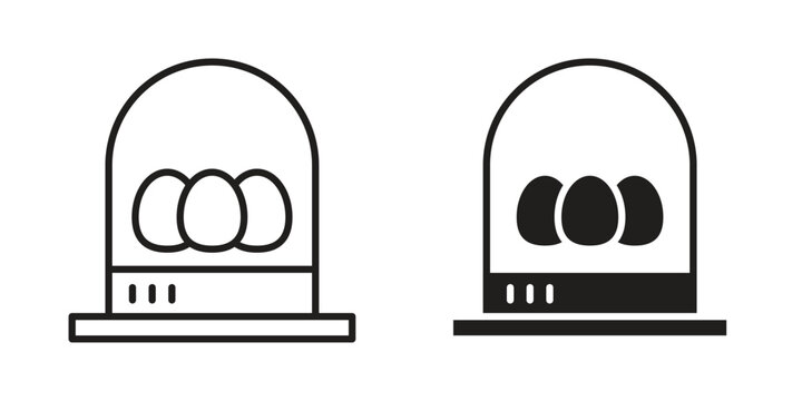 Egg incubator icons. Solid black silhouette and line art outline. Minimal design element,