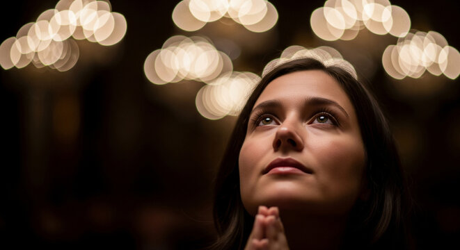 Woman looking up in prayer with spotlights in the background, showing emotion and faith in a dimly lit setting