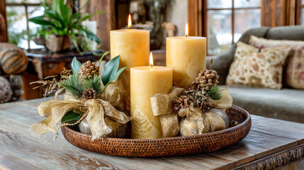 A table with three candles and a basket of pine cones