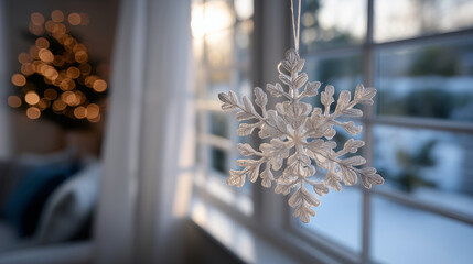 A snowflake ornament hangs from a window