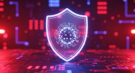 Digital shield protecting against virus, symbolizing cybersecurity and data protection in a futuristic technology environment with glowing neon lights