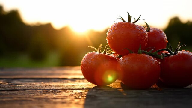 Fresh red tomatoes rest on a weathered wooden table as sunlight glimmers off their dewy surfaces. These tomatoes and sunlight create a vibrant scene that highlights nature's bounty