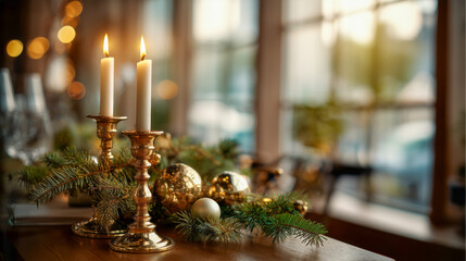 Two lit candles on a table with a wreath of greenery in between them