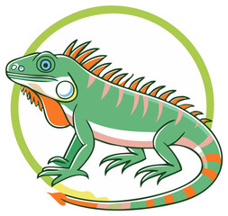 Obraz premium Cartoon iguana illustration standing inside a green circle, vibrant colors reptile animal vector