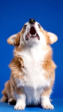 Fluffy Corgi dog sits, looking up, wide mouth open as if barking on a blue background