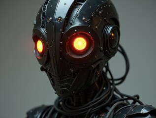 Dark robot head with glowing red eyes thinking