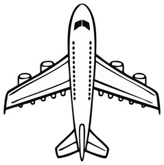 Monochrome airplane illustration with four engines facing forward view featuring detailed wing flaps and windows in black and white