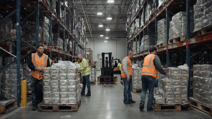 Dedicated warehouse team members efficiently manage inventory and operations within a bustling industrial storage facility, ensuring smooth supply chain flow and product distribution - Powered by Adobe