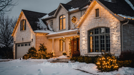 A house with a white roof and a red wreath on the front door