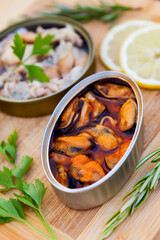 Canister of canned mussels