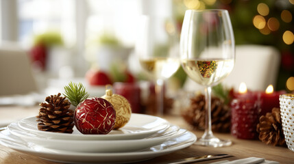 A table with a white plate and a glass of wine