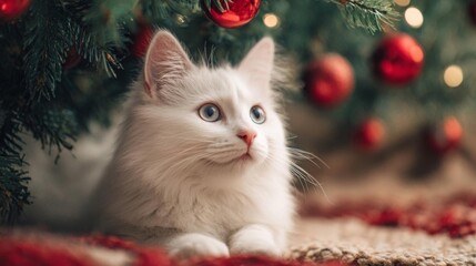 A fluffy white cat lying under a Christmas tree, surrounded by festive decorations.