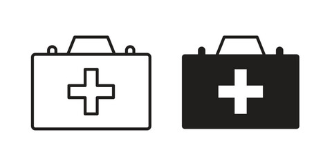 Obraz premium First aid kit icons. Solid black silhouette and line art outline. Minimal design element,