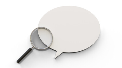 Blank white speech bubble and a magnifying glass isolated on a background. Space for text. Search concept.
