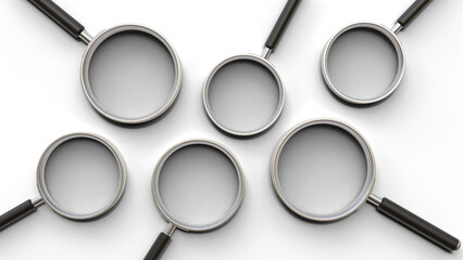 Group of magnifying glasses on a isolated background. Concept of search, investigation, examination and focus. Different sizes magnifying glasses randomly scattered.