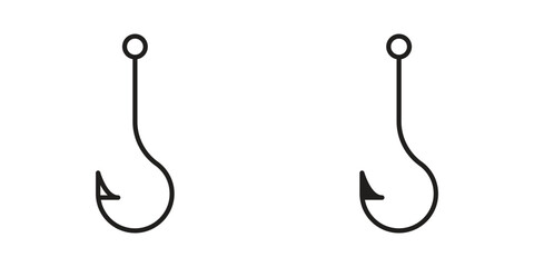 Fishing Hook icons. Solid black silhouette and line art outline. Minimal design element,
