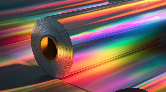 Colorful rolls of shiny foil are arranged on a surface in a creative workspace during the daytime showing vivid reflections and light patterns