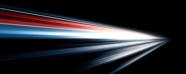 Abstract light beam streaks converging into a bright focal point on a dark background, with blue, white, and red motion trails creating a dynamic sense of speed, energy, and futuristic movement.