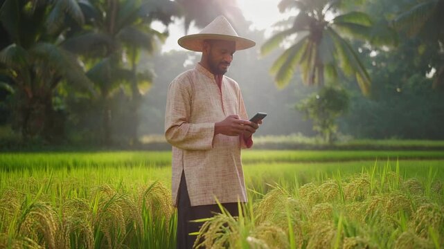 Modern Asian Farmer Using Smartphone in Golden Rice Field at Sunrise, Smart Farming and Agriculture Technology Concept.