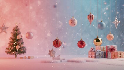 Christmas background with tree, ornaments, and gifts, festive holiday scene