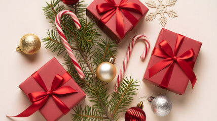Christmas flat lay with red gifts candy cane and festive ornaments
