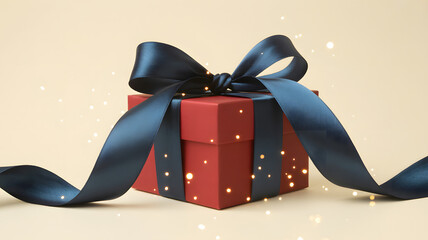 Red gift box with black ribbon on soft festive background

