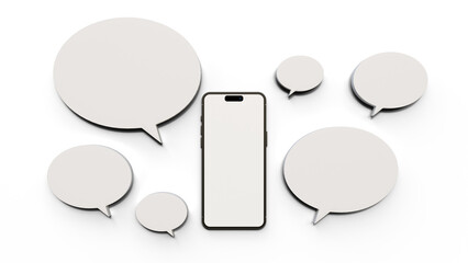 Smartphone with blank white speech or chat bubbles isolated on a background. Represents messaging, texting, talking, and digital conversations. Blank screen smartphone and blank speech bubbles.
