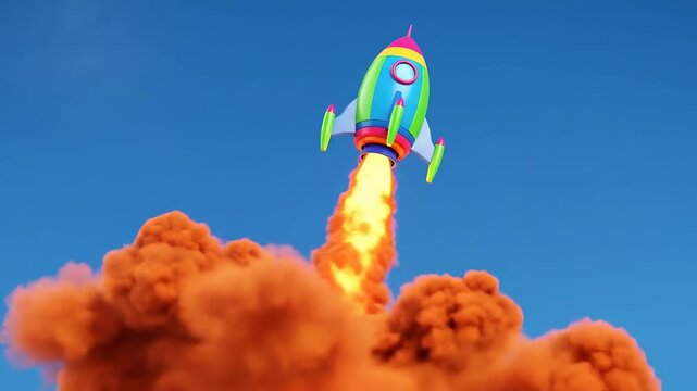 Colorful Animated Rocket Launching with Orange Smoke Against Blue Sky Background