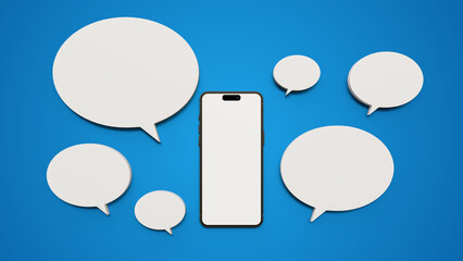 Smartphone with blank white speech or chat bubbles isolated on a blue background. Represents messaging, texting, talking, and digital conversations. Blank screen smartphone and blank speech bubbles.