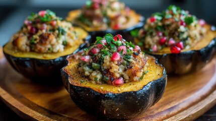 Stuffed acorn squash with herbs and grains on a wooden board ready for serving in a kitchen