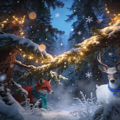 Magical Winter Forest Scene with Glowing String Lights, Fox, and White Deer at Night