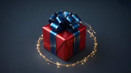 Red christmas gift box with blue ribbon and glowing fairy lights
