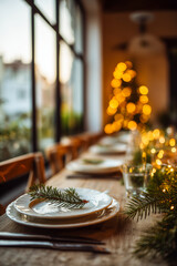 A table with a Christmas tree in the background