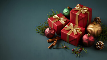 Red christmas gift boxes with golden ornaments and pine branches
