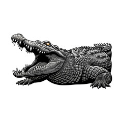 Obraz premium Detailed illustration of a powerful crocodile with its mouth wide open, showcasing sharp teeth and scaly skin texture.
