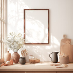 neutral still life interior mockup with wooden blank wall art frame