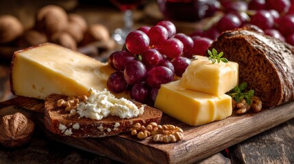 Different types of cheese fresh grapes slices of bread and nuts are placed on a wooden board. This scene is set during an evening gathering with friends and family.
