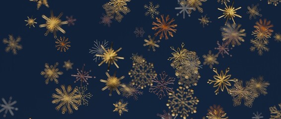 Golden snowflakes on dark blue background creating a festive winter season or holiday atmosphere. Perfect for wi