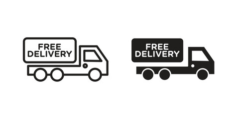 Free delivery icons. Solid black silhouette and line art outline. Minimal design element,