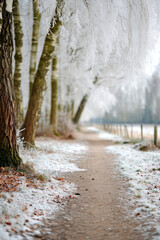 A snowy path with trees in the background