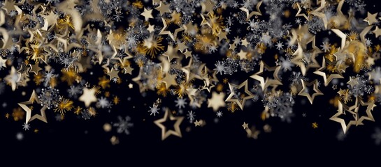 Abstract and elegant background with gold stars and snowflakes falling on dark. Perfect for holiday greetings a © vegefox.com